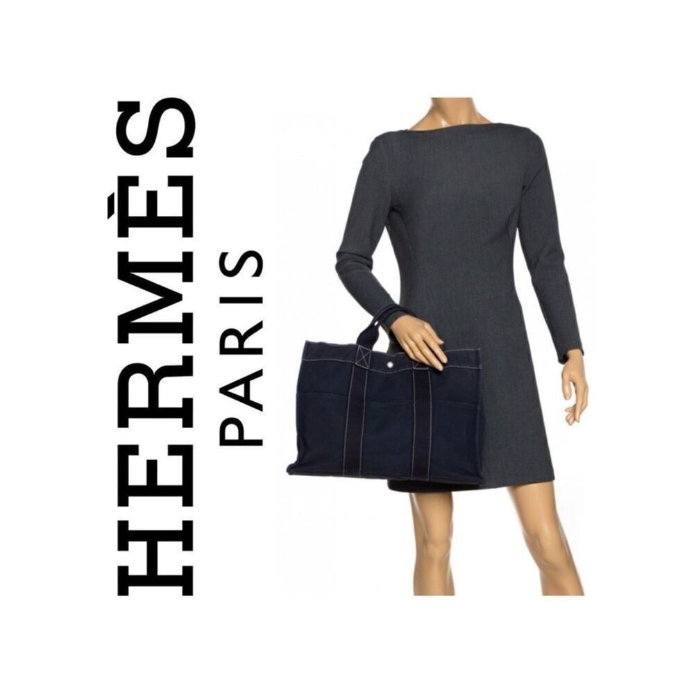 Authentic HERMES Deauville MM Hand Tote Bag Canvas Black